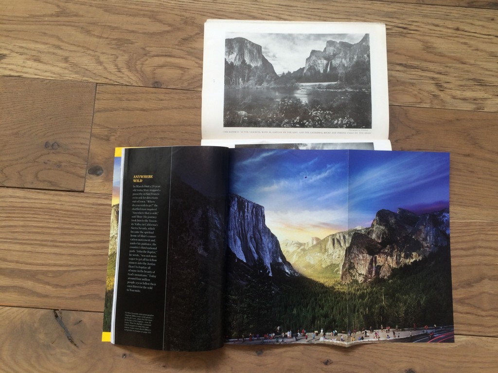 A photo of Yosemite National Park from the April 1916 (above) and January 2016 (below) issues of National Geographic.