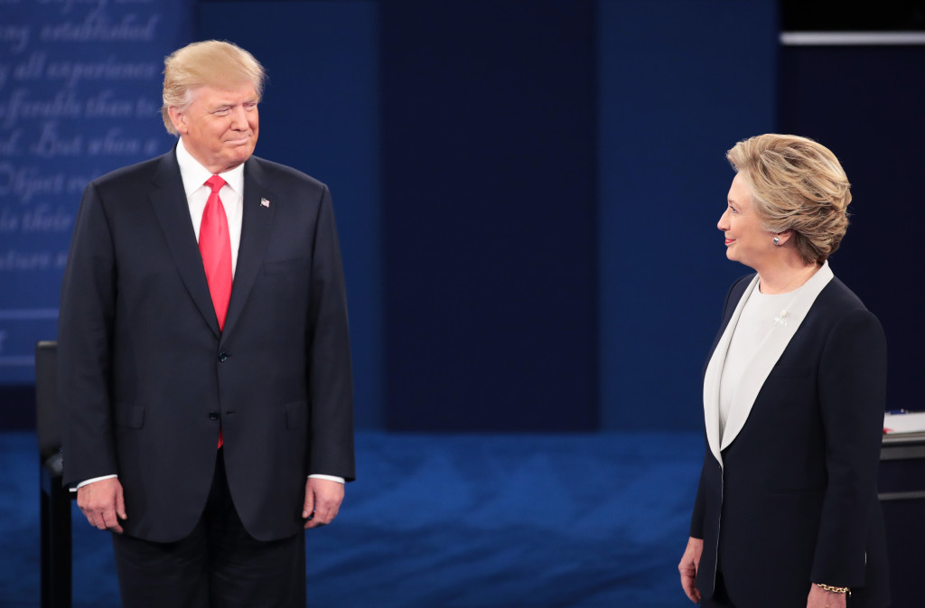 Republican presidential nominee Donald Trump (L) and Democratic presidential nominee former Secretary of State Hillary Clinton during the town hall debate Oct. 9 at Washington University in St Louis, Missouri. 