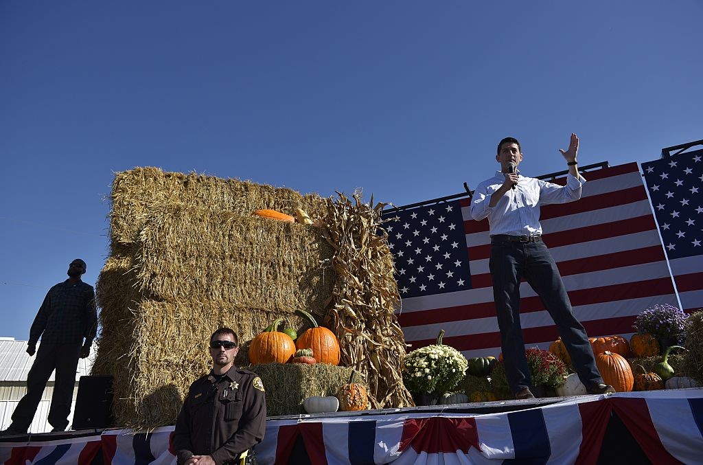 House Speaker Paul Ryan speaks during the 1st Congressional District Republican Party of Wisconsin Fall Fest on October 8, 2016 in Elkhorn, Wisconsin.
US Republican presidential candidate Donald Trump was scheduled to attend with Ryan, who said he was "sickened" by lewd and misogynistic comments Trump made in a 2005 video, disinviting him from the political event in Wisconsin.