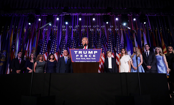 Republican president-elect Donald Trump delivers his acceptance speech during his election night event in the early morning hours of Nov. 9 at the New York Hilton Midtown in New York City.  