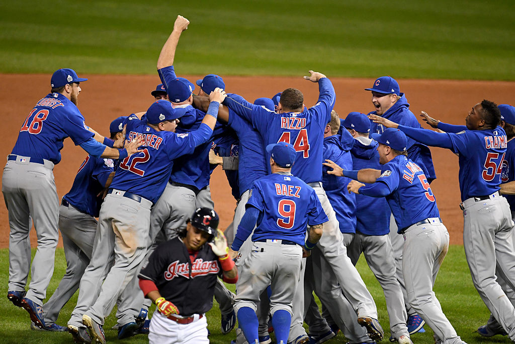 CLEVELAND, OH - NOVEMBER 02:  The Chicago Cubs celebrate after defeating the Cleveland Indians 8-7 in Game Seven of the 2016 World Series at Progressive Field on November 2, 2016 in Cleveland, Ohio. The Cubs win their first World Series in 108 years.  (Photo by Jason Miller/Getty Images)