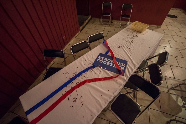 A deserted table with a sign in support of U.S. Democratic presidential candidate Hillary Clinton is seen during a Democratic party event on Election Night 2016.