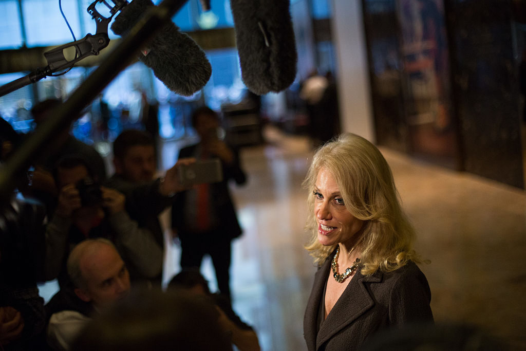 NEW YORK, NY - NOVEMBER 16: senior advisor to President-elect Donald Trump, Kellyanne Conway takes press questions at Trump Tower on November 16, 2016 in New York City. . Trump is working on his his presidential cabinet as he transitions from a candidate to the president elect.   (Photo by Kevin Hagen/Getty Images)