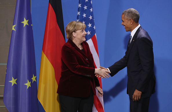 German Chancellor Angela Merkel and President Barack Obama shake hands after speaking to the media following talks in Berlin, Germany. President Obama is on his last trip to Europe before he leaves office.