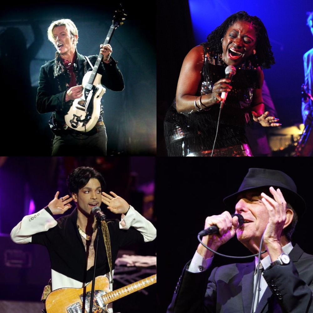 Clockwise from top left: David Bowie performs on stage in Copenhagen in 2003; Sharon Jones of The Dap-Kings performs in 2011 in New York City; Leonard Cohen performs in 2009 in Indio, California; Prince performs in 2005 in Los Angeles, California.