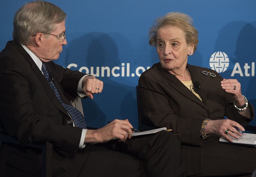 Former US Secretary of State Madeleine Albright speaks alongside former US National Security Adviser Stephen Hadley during the launch of the Middle East Strategy Task Force at the Atlantic Council in Washington, DC, June 4, 2015. AFP PHOTO / SAUL LOEB        (Photo credit should read SAUL LOEB/AFP/Getty Images)