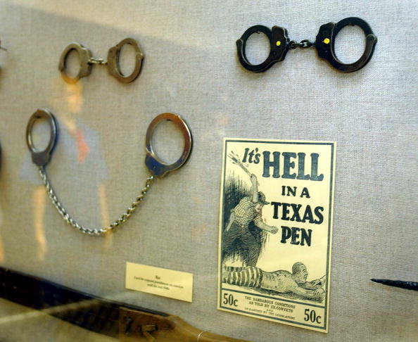 At the Texas Prison Museum in Huntsville, Texas, a display showing prisoner restraints. 