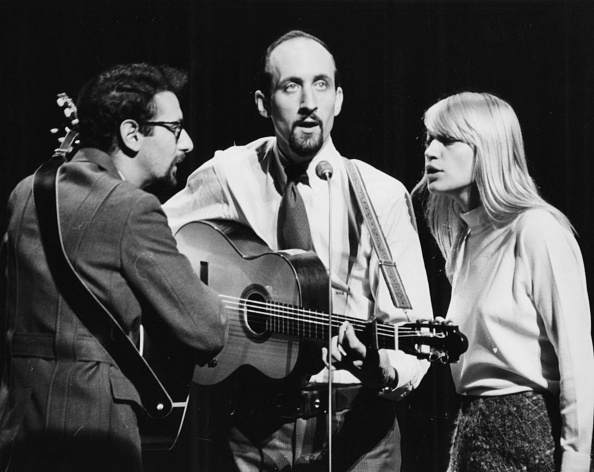 Peter Yarrow, Noel Paul Stookey and Mary Travers performing as 'Peter, Paul and Mary' during rehearsals for the Royal Variety Show at the London Palladium, November 8th 1965.  