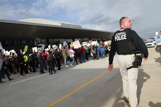 Demonstrators gathered at Raleigh-Durham International Airport on January 29, 2017 to protest President Trump's executive order barring entry to the U.S. of citizens from seven predominately Muslim nations.