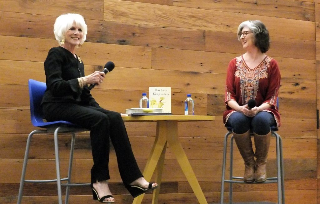Diane Rehm interviews Barbara Kingsolver about her new book, "Unsheltered," at an event hosted by Politics and Prose bookstore on the campus of Sidwell Friends School on Wednesday, October 17. 