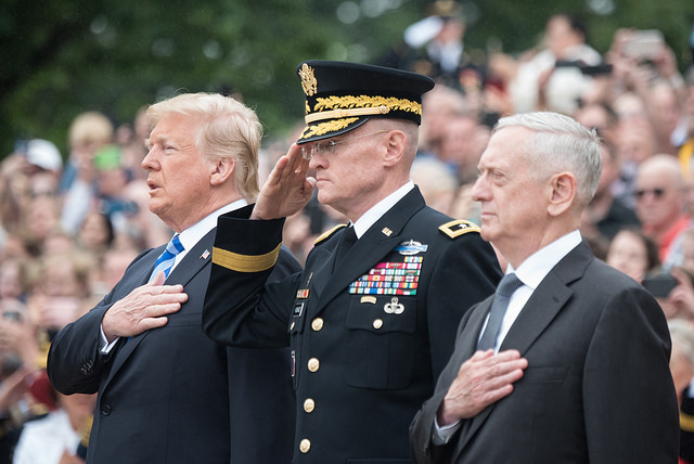 Secretary of Defense Jim Mattis stands with President Trump and U.S. Army Maj. Gen. Michael L. Howard, at the Tomb of the Unknown Soldier at a Memorial Day ceremony on May 28. 2018.