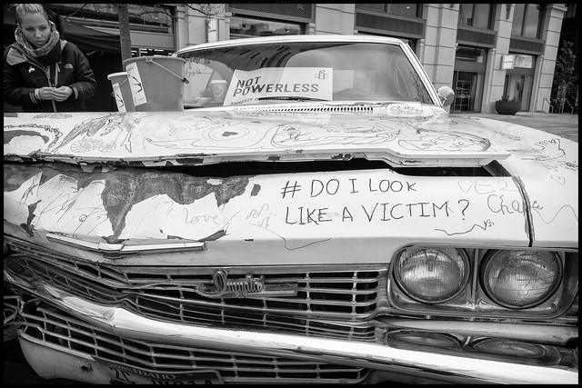 This Chevrolet Impala was wrecked by an abusive ex-boyfriend of artist Imogen Paton. Imogen has turned the car into a piece of "charity art" with the aim of helping victims of domestic violence.