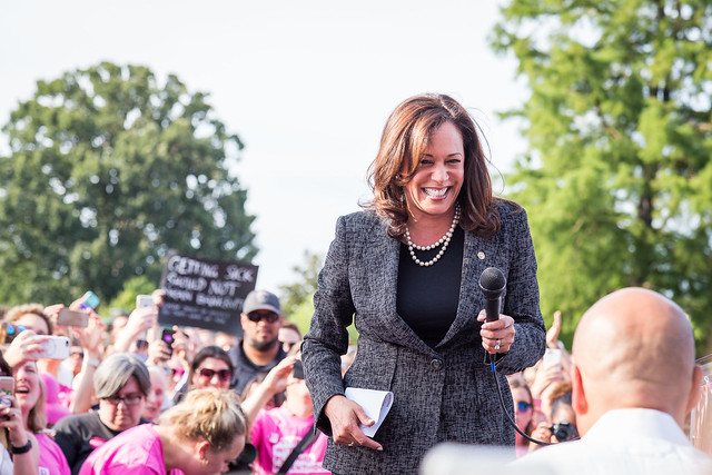 Senator Kamala Harris at a rally in support of Obamacare at the U.S. Capitol in 2017.  She aggressively challenged Vice President Biden on race and immigration in the second debate. 