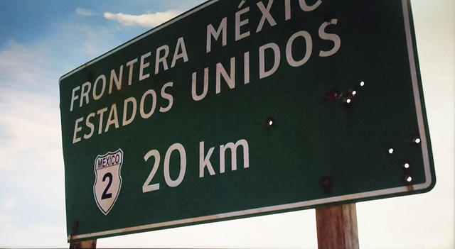 A sign in Mexico announcing 20 kilometers to the U.S. border. 