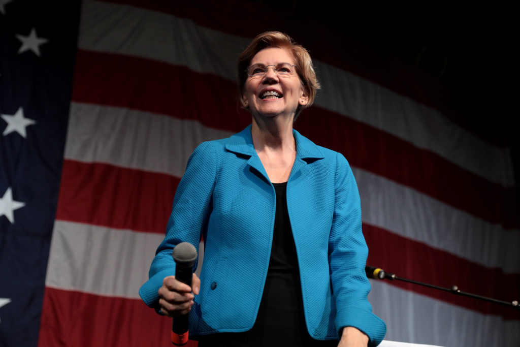 U.S. Senator Elizabeth Warren speaking with attendees at the 2019 Iowa Democratic Wing Ding in Clear Lake, Iowa. Warren is now leading in national polls for the first time, overtaking former Vice President Joe Biden.