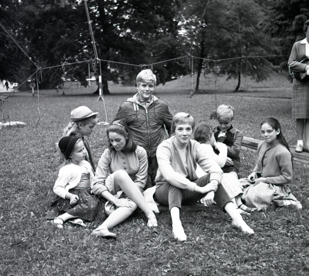 Julie Andrews and the cast who played the von Trapp children filming "The Sound of Music" on location in Salzburg. 