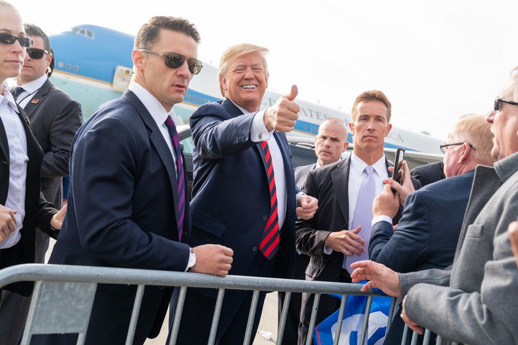 President Donald Trump disembarks Air Force Two Monday, Oct. 28, 2019, at O’Hare International Airport in Chicago. On Thursday the House voted to formalize the impeachment inquiry into the president.  
