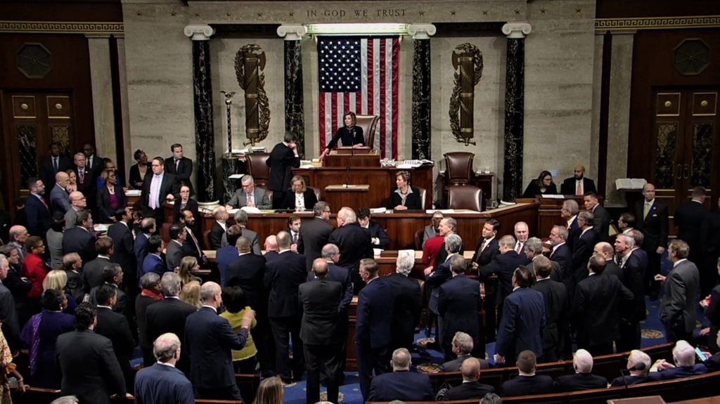 On December 18, 2019, United States House of Representatives votes to adopt the articles of impeachment, accusing Donald Trump of abuse of power and obstruction of Congress.