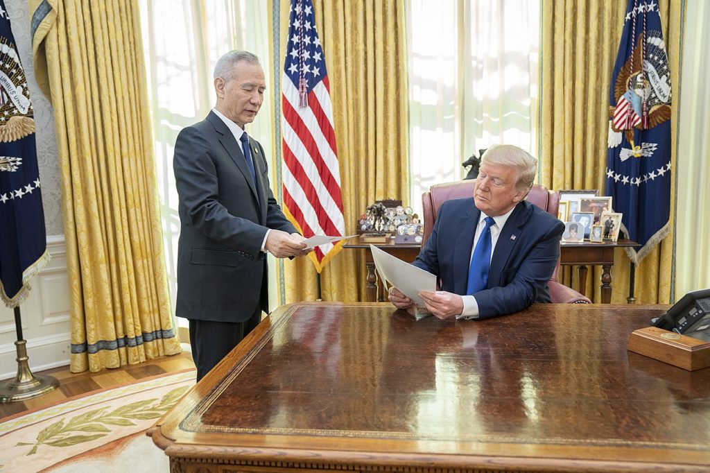 Pres. Donald J. Trump greets Chinese Vice Premier Liu He Wednesday, Jan. 15, 2020, in the Oval Office of the White House.