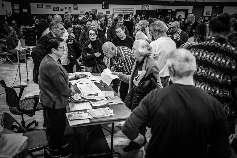 Iowa caucus-goers gather at the Merrill Middle School in Des Moines on February 3, 2020. 