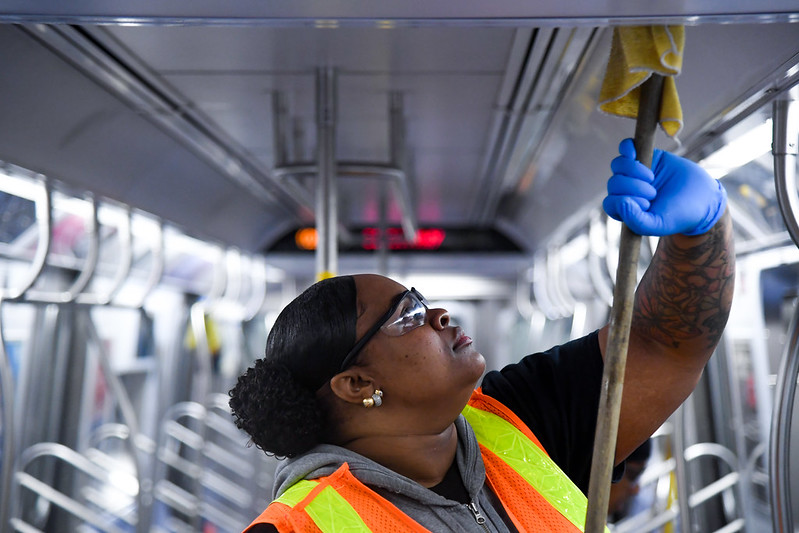 MTA New York City Transit personnel  sanitize a train in the Coney Island Yard as a precautionary measure in response to the novel coronavirus.