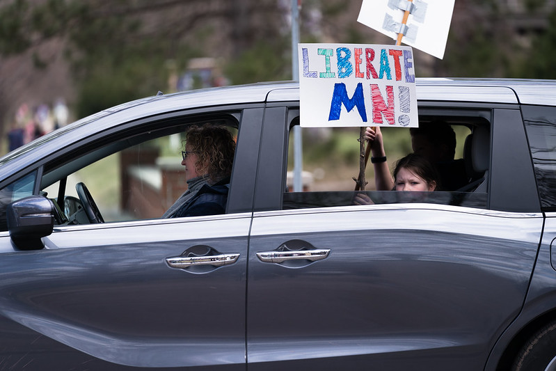 A "Liberate Minnesota" protest at the Governor's residence on April 17, 2020.
