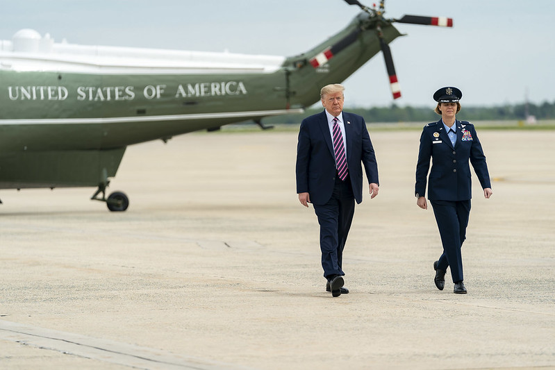 President Trump is met and escorted from Marine One on Tuesday, May 5, 2020. 