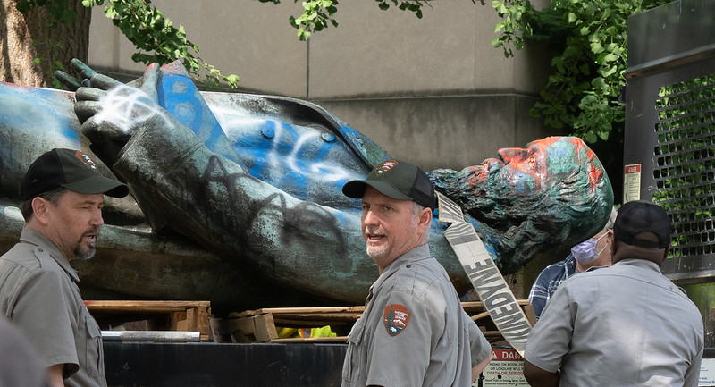 A statue of Confederate Gen. Albert Pike was knocked down by protestors in Washington, D.C., on June, 19. 