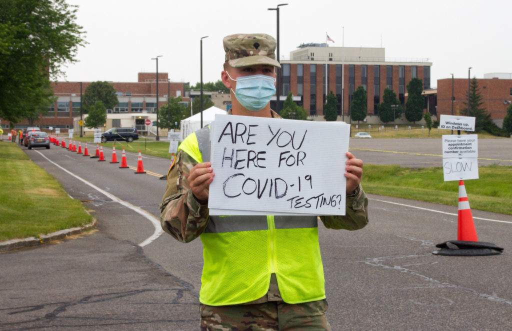 A lack of reliable testing has hampered U.S. efforts to contain the coronavirus from the beginning. Last month, a member of the U.S. Army staffed a drive-thru Covid-19 test site at in Rochester, NY. 