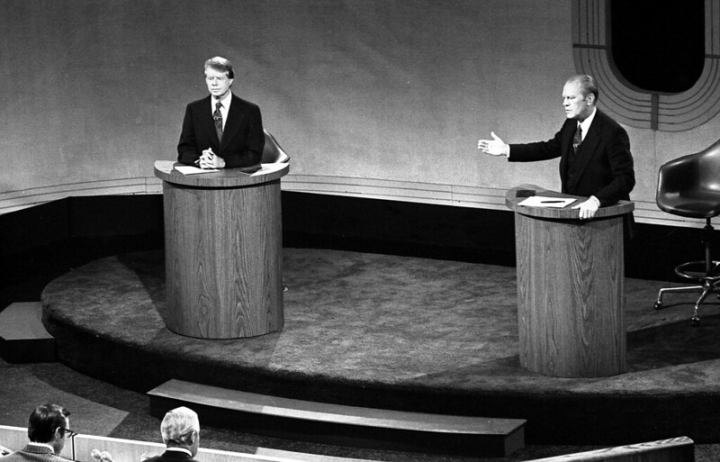President Gerald Ford and Jimmy Carter meet at the Walnut Street Theater in Philadelphia to debate domestic policy during the first of the three Ford-Carter Debates, September 23, 1976. 
