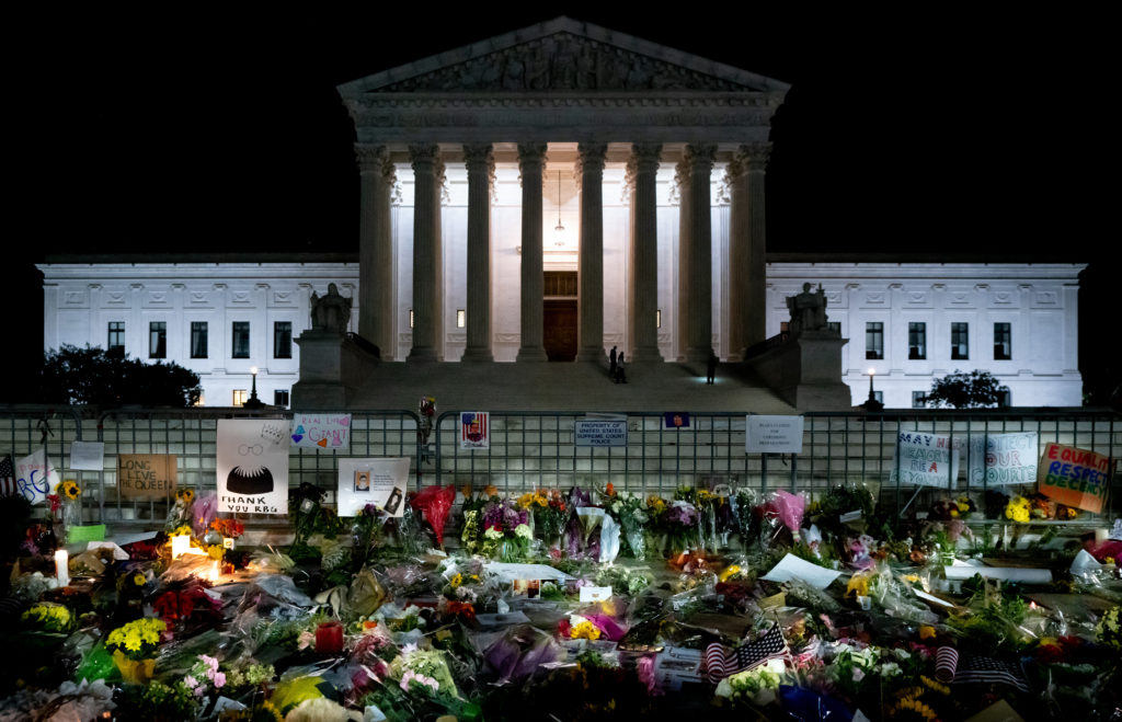 A memorial for Ruth Bader Ginsburg in front of the Supreme Court. 