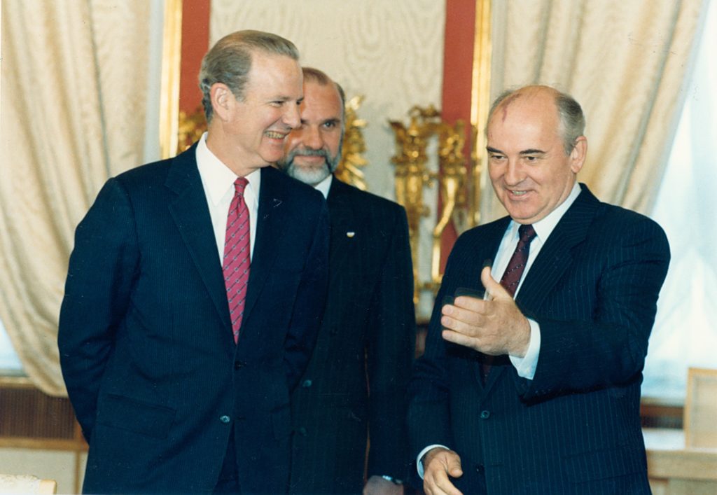 Baker worked closely with Mikhail Gorbachev to manage the end of the Cold War and reunification of Germany. 