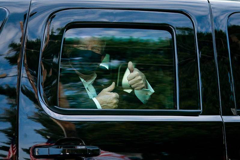 President Trump during a drive outside of Walter Reed National Military Medical Center Sunday, Oct. 4, 2020, in Bethesda, Md. 
