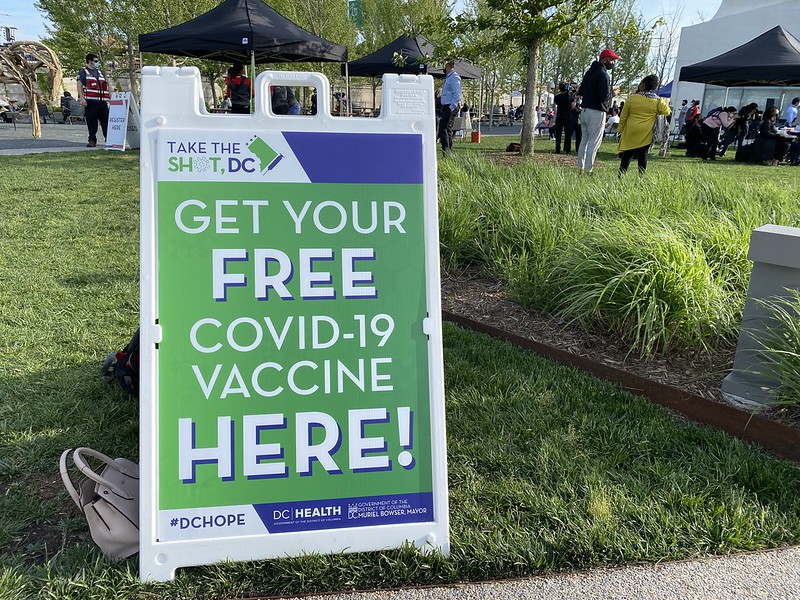 A sign in Washington, D.C. offering free Covid-19 vaccines. The city recently passed the White House's goal of 70% of adults partially or fully vaccinated. 