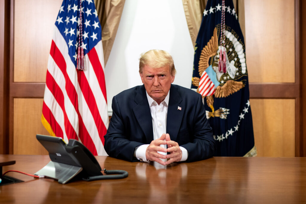 President Donald Trump participates in a phone call on Sunday, Oct. 4, 2020, in his conference room at Walter Reed National Military Medical Center in Bethesda, Md., where he was receiving treatment for Covid-19. 