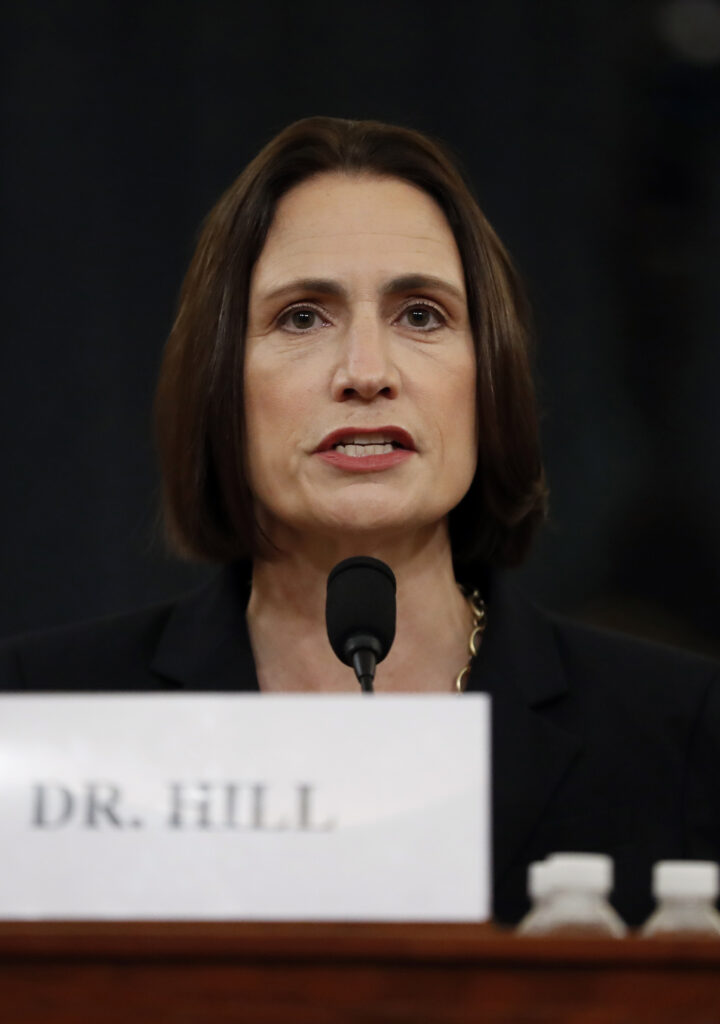 Former White House national security aide Fiona Hill testifies before the House Intelligence Committee on Capitol Hill in Washington, Thursday, Nov. 21, 2019, during a public impeachment hearing of President Donald Trump's efforts to tie U.S. aid for Ukraine to investigations of his political opponents. (AP Photo/Andrew Harnik)