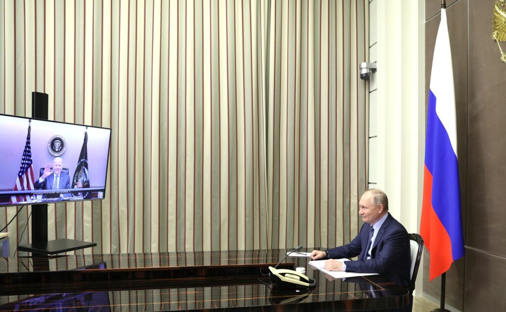 Russian President Vladimir Putin talks to President Joe Biden on a video call on December 7, 2021, as tensions over Ukraine began to escalate. 