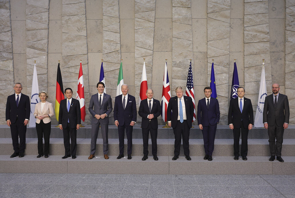 A "family photograph" of world leaders at a special meeting of the North Atlantic Council and G7 leaders at the NATO Headquarters in Brussels.