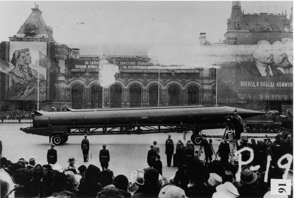CIA reference photograph of Soviet medium-range ballistic missile in Red Square, Moscow in 1965. 