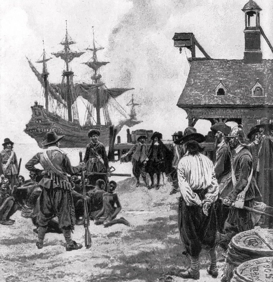 An illustration by Howard Pyle titled, "Landing Negroes at Jamestown from Dutch Man-of-War, 1619." It appeared in the January 1901 edition of Harper's Monthly Magazine. 