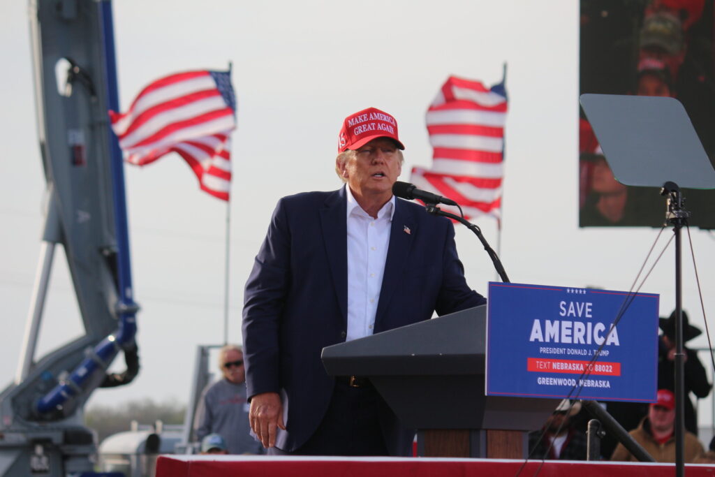 Donald J. Trump speaks to guests at a rally in Greenwood, Neb. on May 1, 2022.