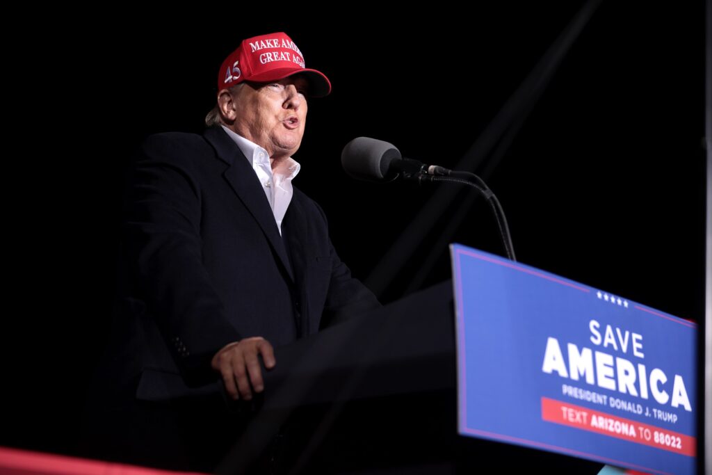 Former President of the United States Donald Trump speaking with supporters at a "Save America" rally at Country Thunder Arizona in Florence, Arizona. 