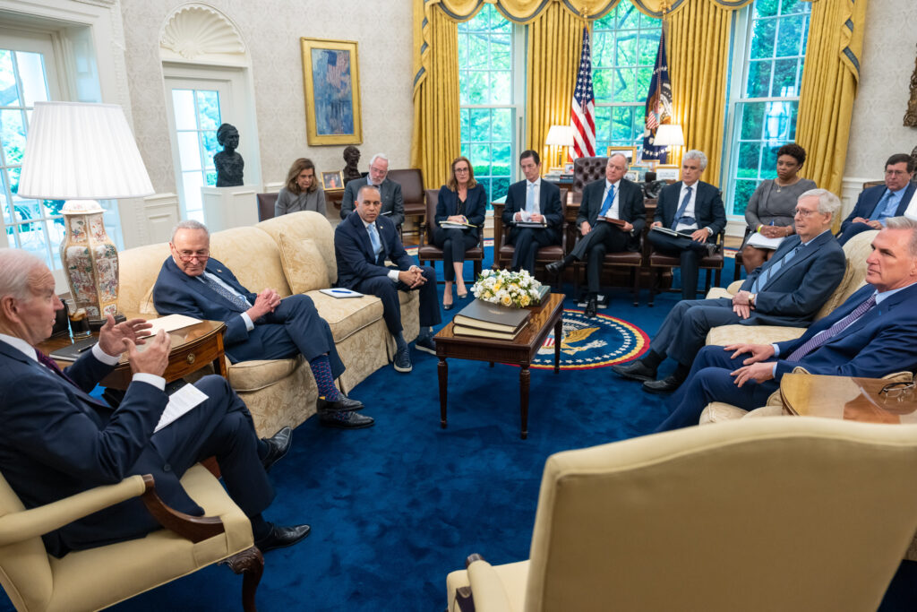 President Joe Biden meets with Senate Majority Leader Chuck Schumer (D-NY), Minority Leader Mitch McConnell (R-KY), House Speaker Kevin McCarthy (R-CA) and House Minority Leader Hakeem Jeffries (D-NY) to discuss the debt ceiling, Tuesday, May 9, 2023, in the Oval Office of the White House.