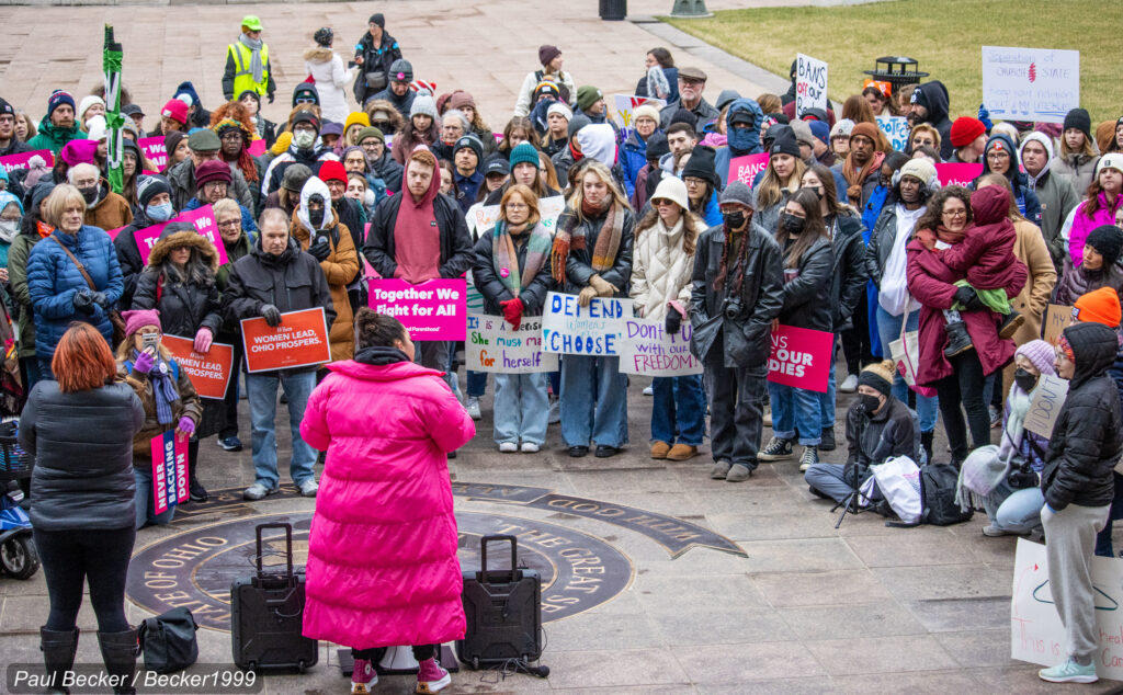 Protesters gathered at the capitol building in Ohio in support of abortion rights. In Tuesday's election voters voted to enshrine abortion access in the state's constitution. 