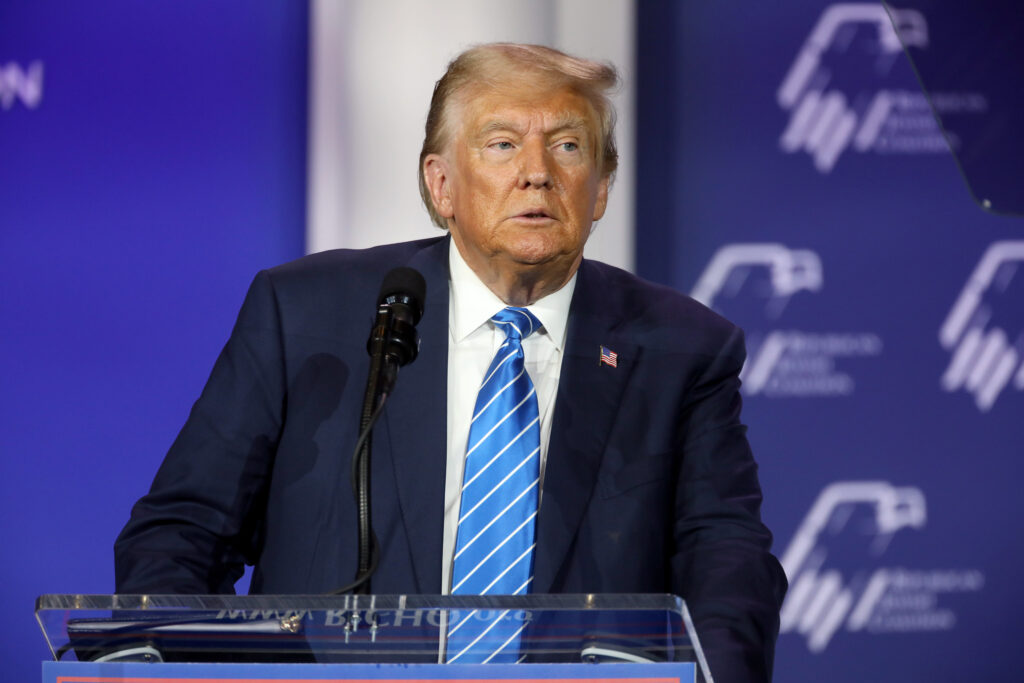 Former President of the United States Donald Trump speaking with attendees at the Republican Jewish Coalition's 2023 Annual Leadership Summit at the Venetian Convention & Expo Center in Las Vegas, Nevada.