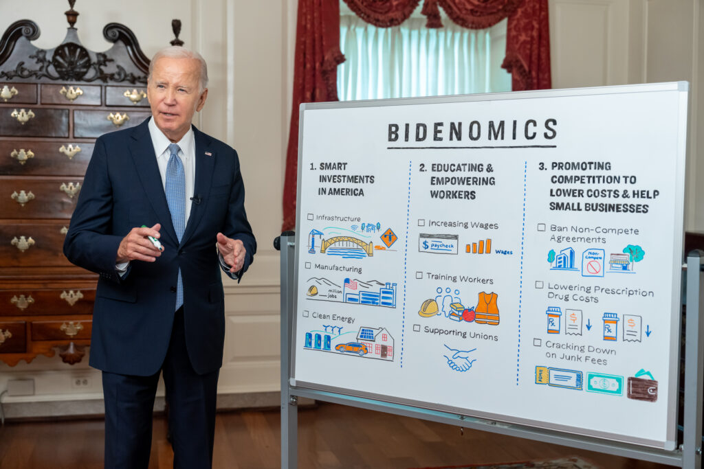 President Joe Biden records a digital video on “Bidenomics”, Wednesday, August 16, 2023, in the Map Room of the White House. 
