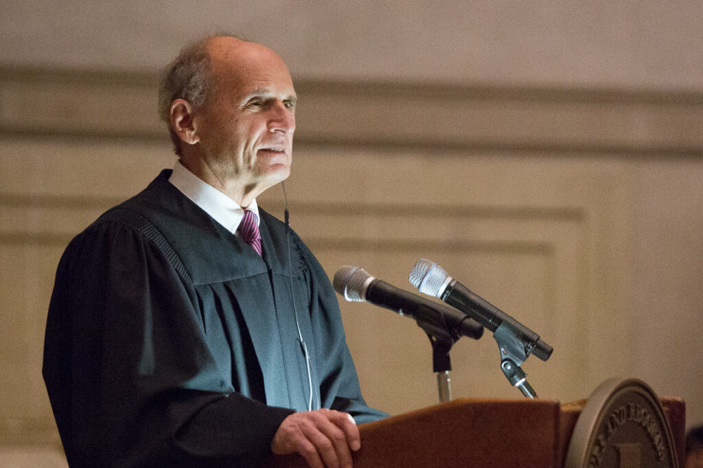 The Honorable David Tatel, Circuit Judge at the U.S. Court of Appeals for the District of Columbia, speaks during a naturalization ceremony at the National Archives in Washington, DC, on December 15, 2017.