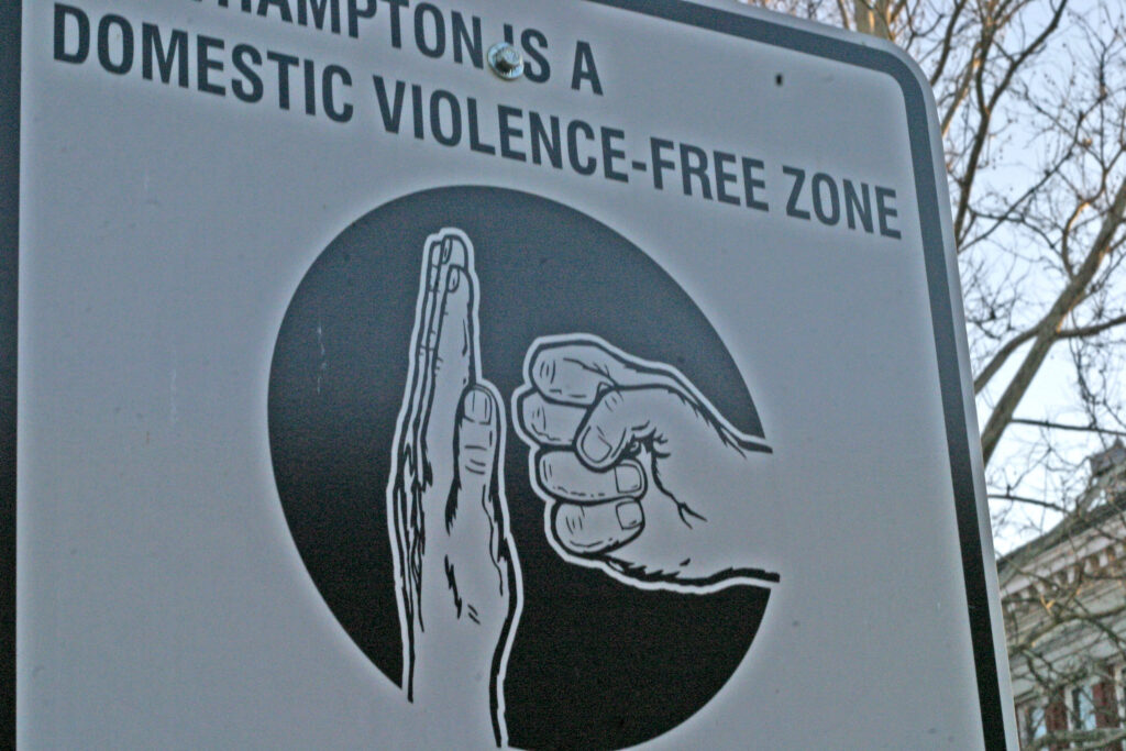 A sign in North Hampton, Mass., declaring the city to be a "domestic violence-free" zone. 