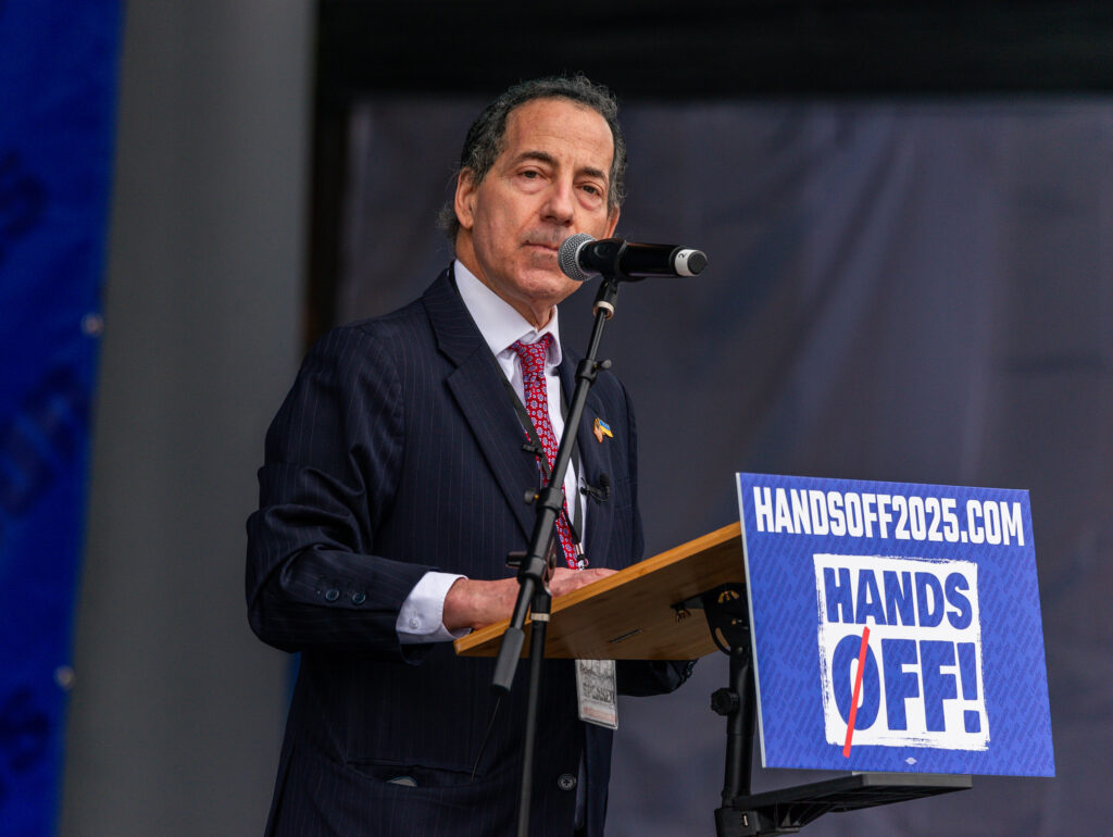 Rep. Jamie Raskin speaks at the "Hands Off" protest in Washington, D.C. on April 5.