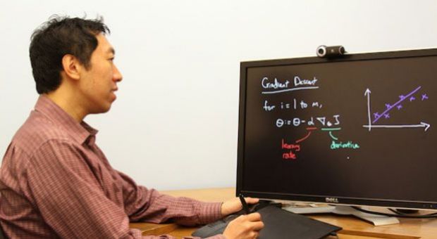 Stanford University computer Science professor Andrew Ng uses tablet-recording technology he developed to instantly display notes for his interactive video lecture. 